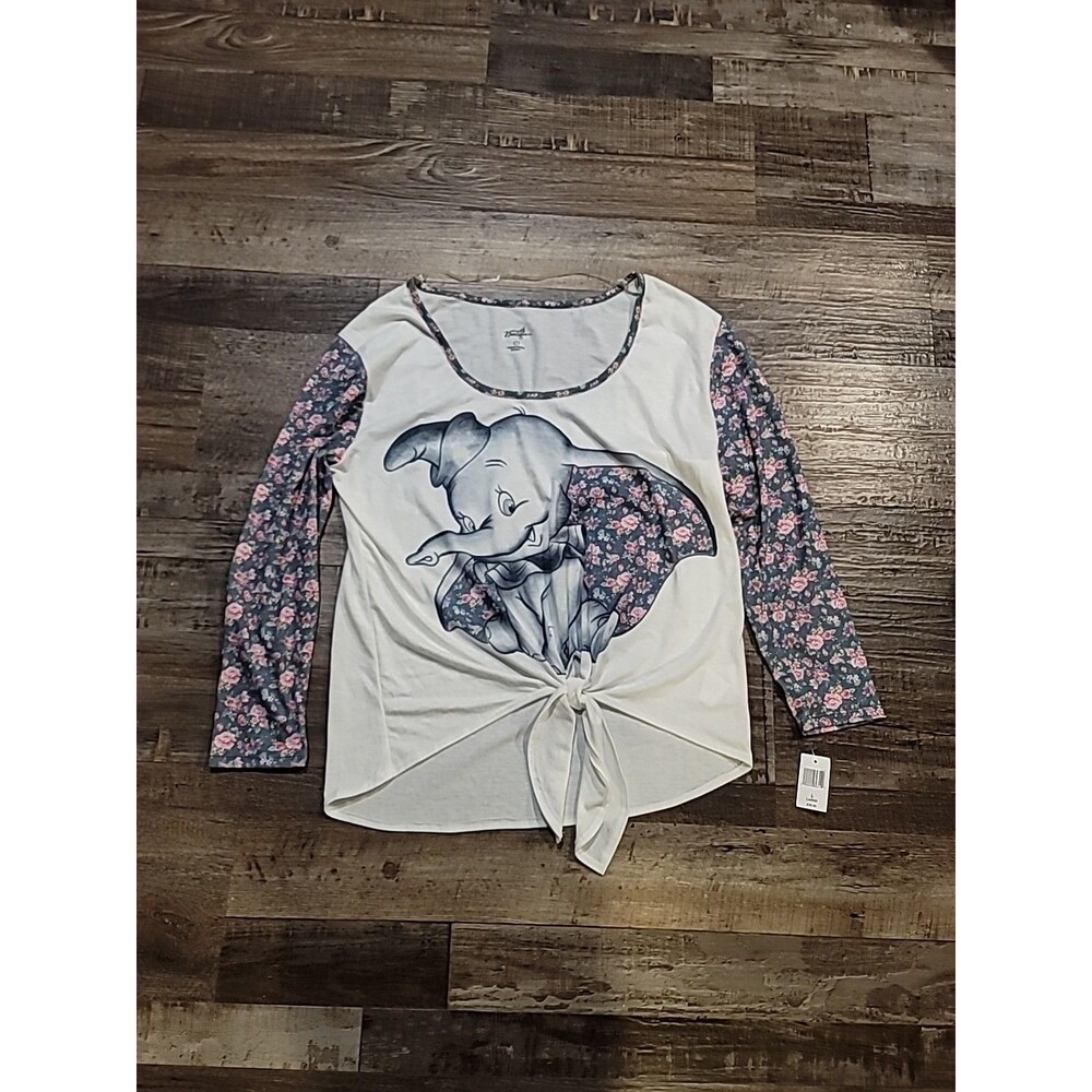 NWT Disney Boutique Dumbo Womens Large Tie Front Raglan 3/4 Sleeve Shirt Floral